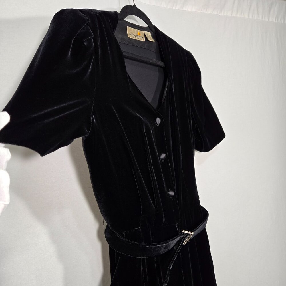 VINTAGE Academia Y2K Sirencore BLACK VELVET Pocket Belt Midi Dress Women Size 10 - Picture 3 of 16
